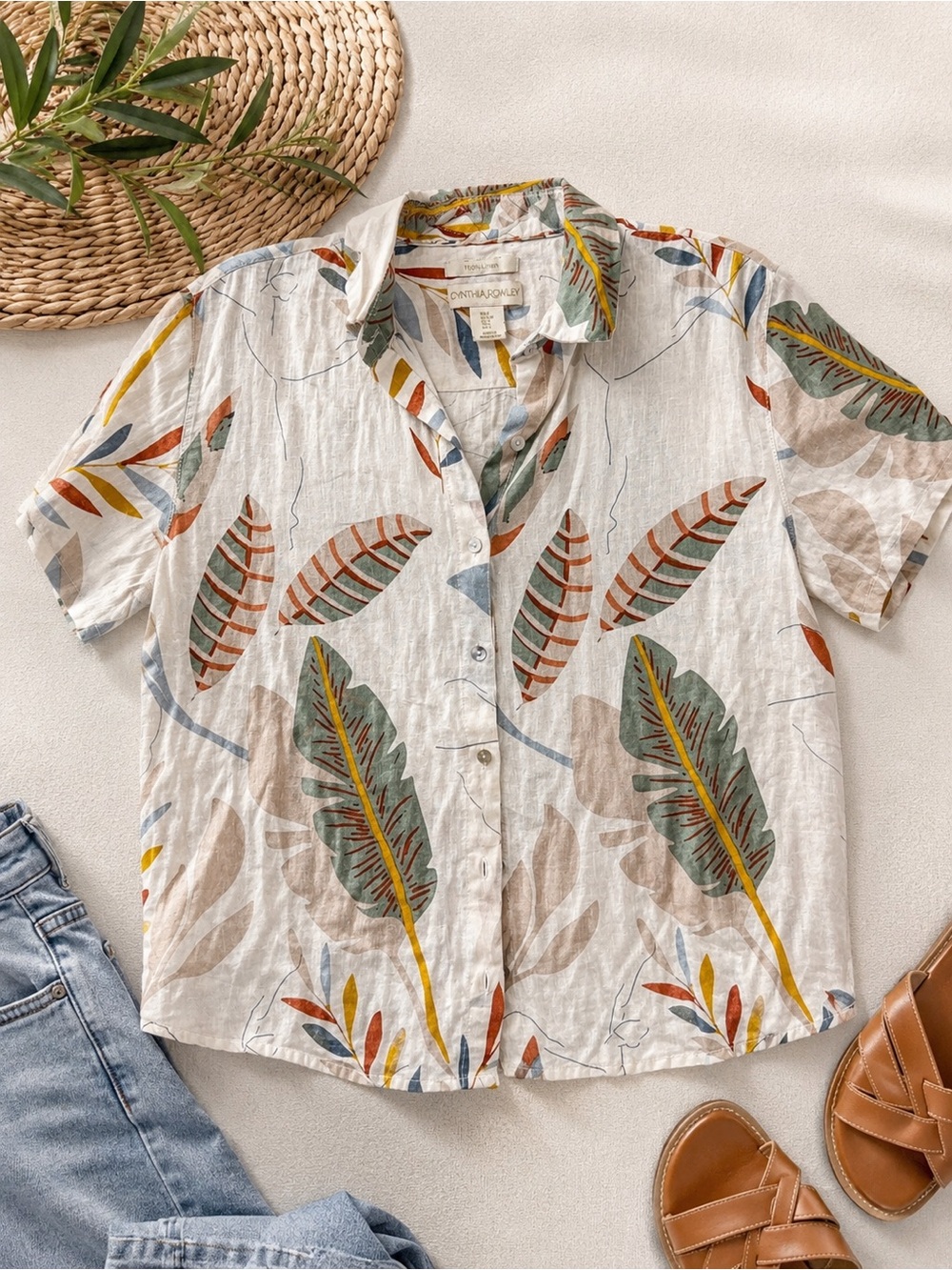 Cynthia Rowley Linen Tropical Button-Up Blouse - Multi Leaf Print
